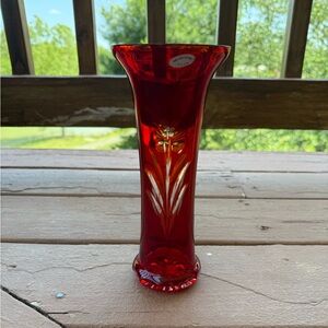 11" Vintage Badash Cut To Clear Red Glass Vase